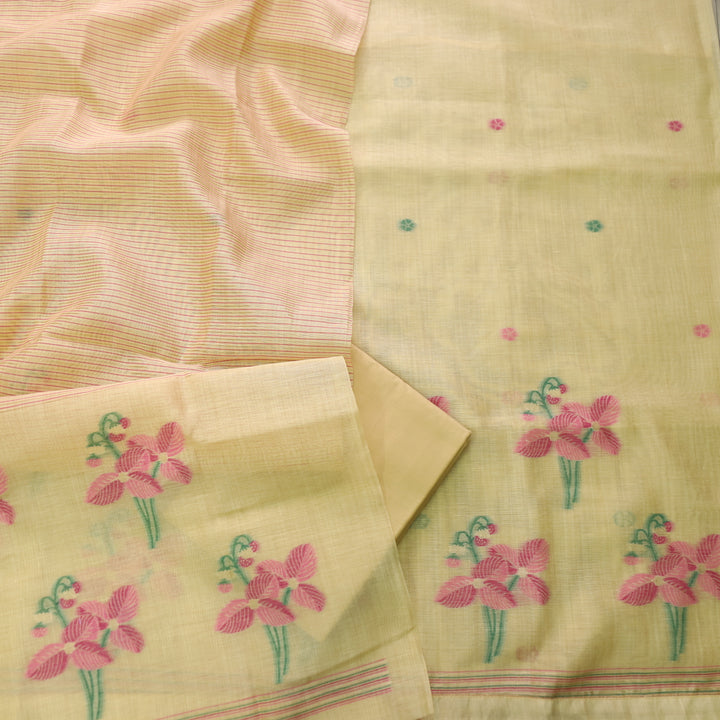 Jannat Yellow with Pink Authentic Floral Jamdani Weaved Suit Set