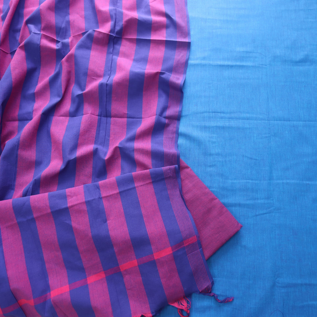 Riwaayat Bright Blue with Magenta Temple Hem South Cotton Suit Set