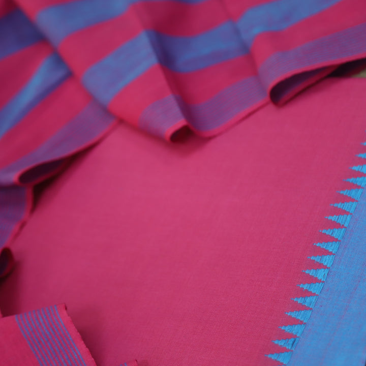 Riwaayat Rough Pink with Bright Blue Temple Hem South Cotton Suit Set