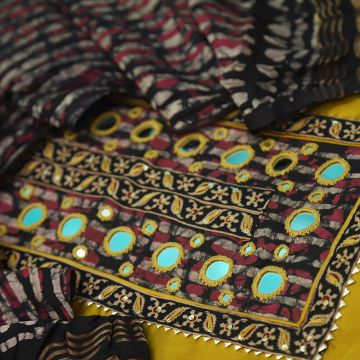 Farnaz Bright Yellow Mirror Work am Cotton Satin Top with Gajji Silk Dupatta