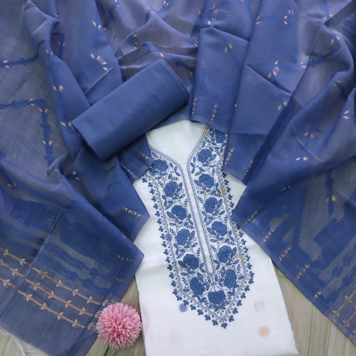 Rabbata White with Blue Thread Neck Work Jamdani Weaved Suit Set