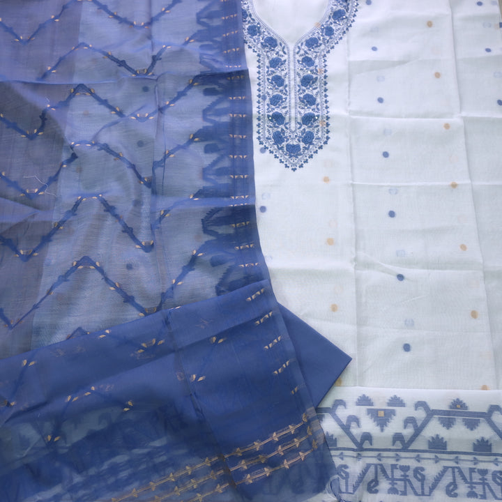 Rabbata White with Blue Thread Neck Work Jamdani Weaved Suit Set
