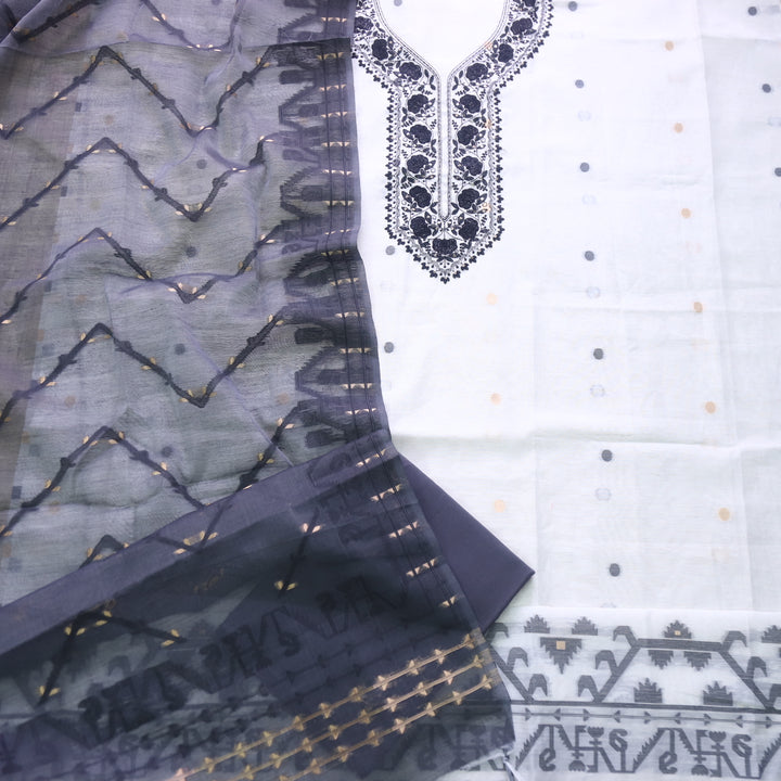 Rabbata White with Black Thread Neck Work Jamdani Weaved Suit Set