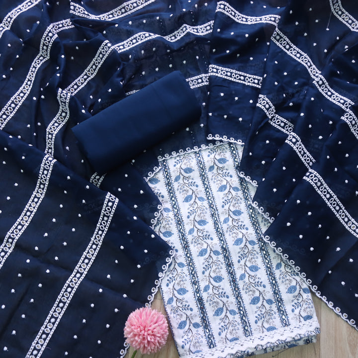 Salarri White with Blue Patra Work Floral Printed Cotton Suit Set
