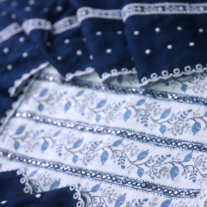 Salarri White with Blue Patra Work Floral Printed Cotton Suit Set