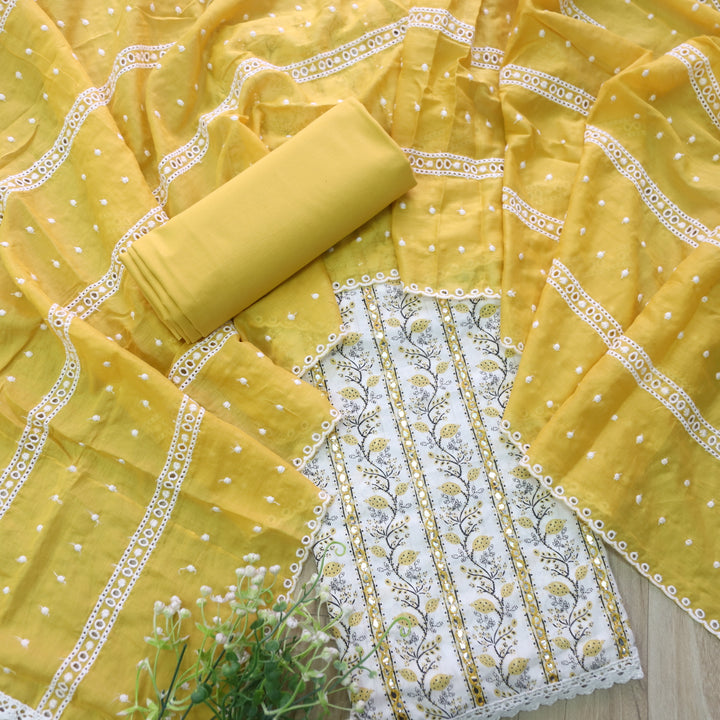 Salarri White with Yellow Patra Work Floral Printed Cotton Suit Set
