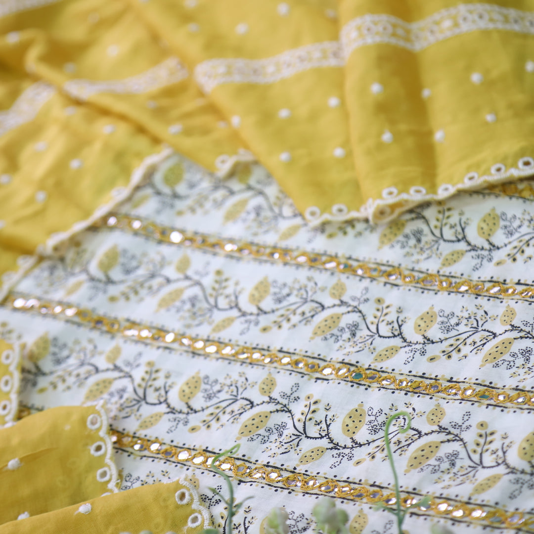 Salarri White with Yellow Patra Work Floral Printed Cotton Suit Set