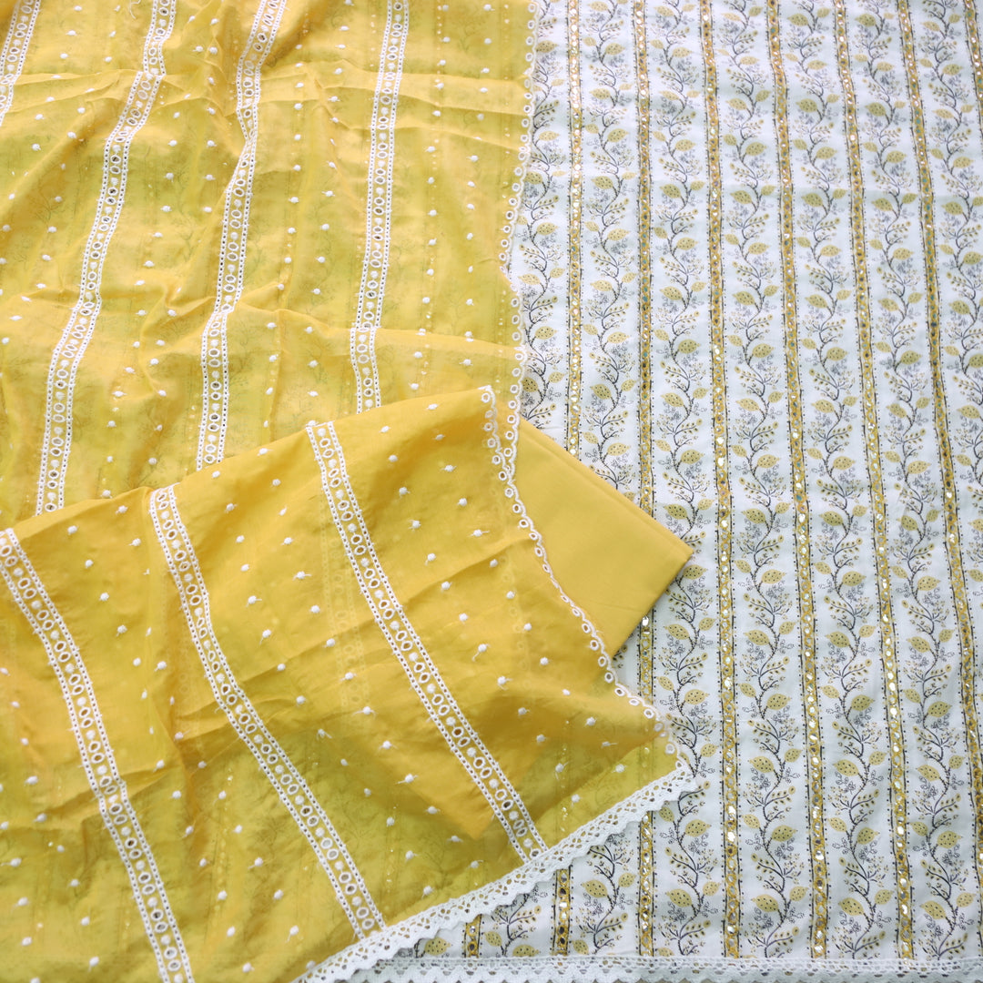 Salarri White with Yellow Patra Work Floral Printed Cotton Suit Set