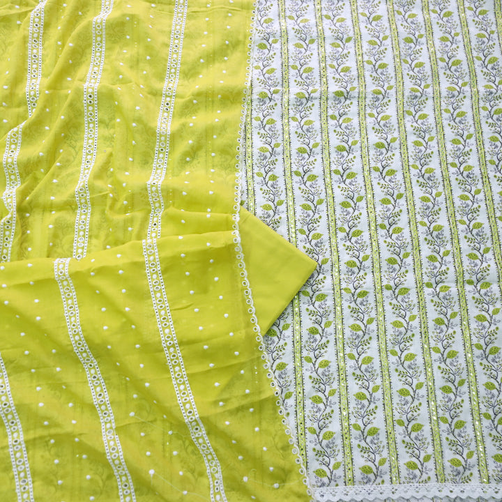 Salarri White with Lemon Green Patra Work Floral Printed Cotton Suit Set