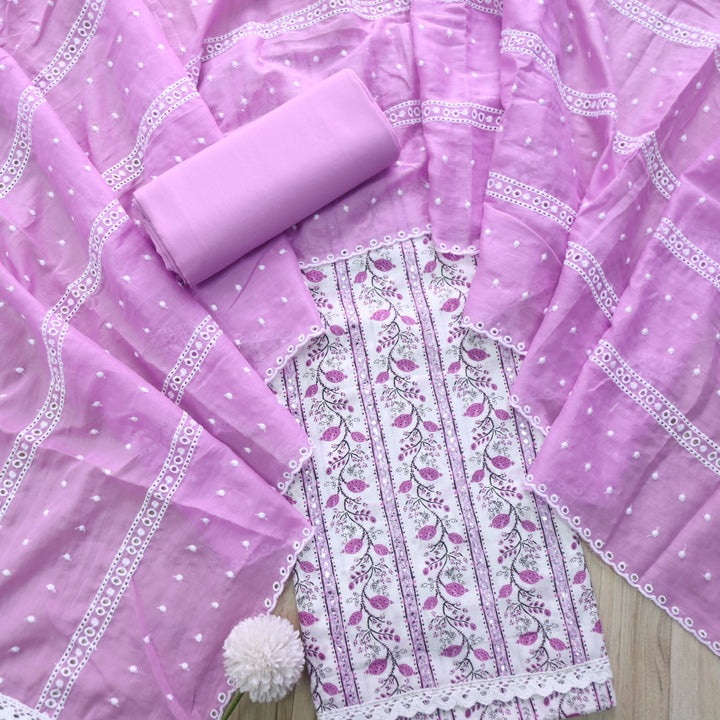 Salarri White with Lavender Purple Patra Work Floral Printed Cotton Suit Set