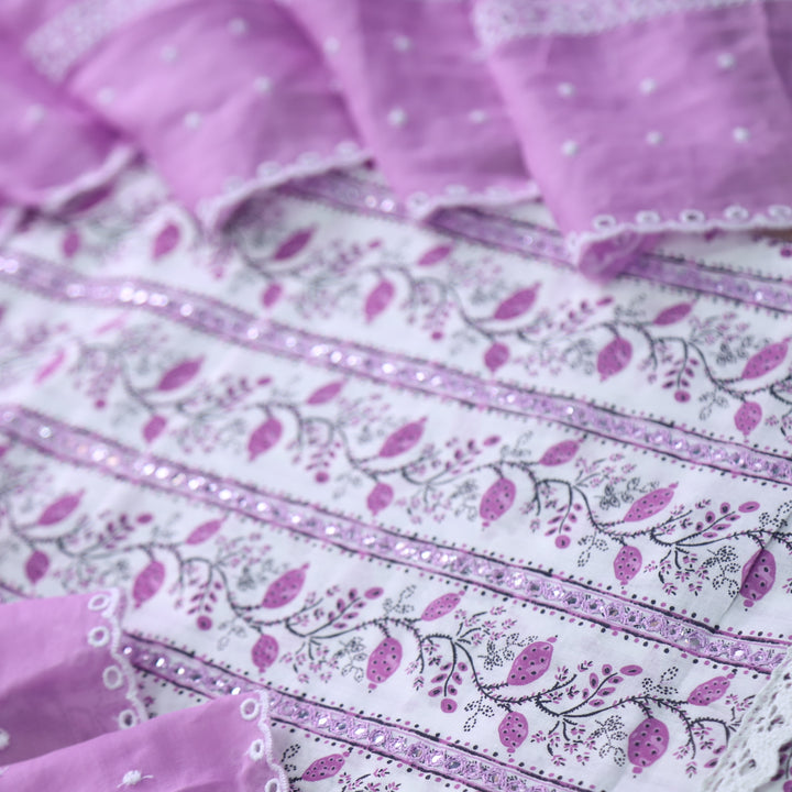 Salarri White with Lavender Purple Patra Work Floral Printed Cotton Suit Set