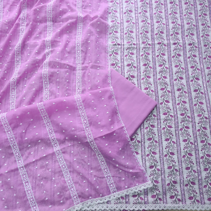 Salarri White with Lavender Purple Patra Work Floral Printed Cotton Suit Set