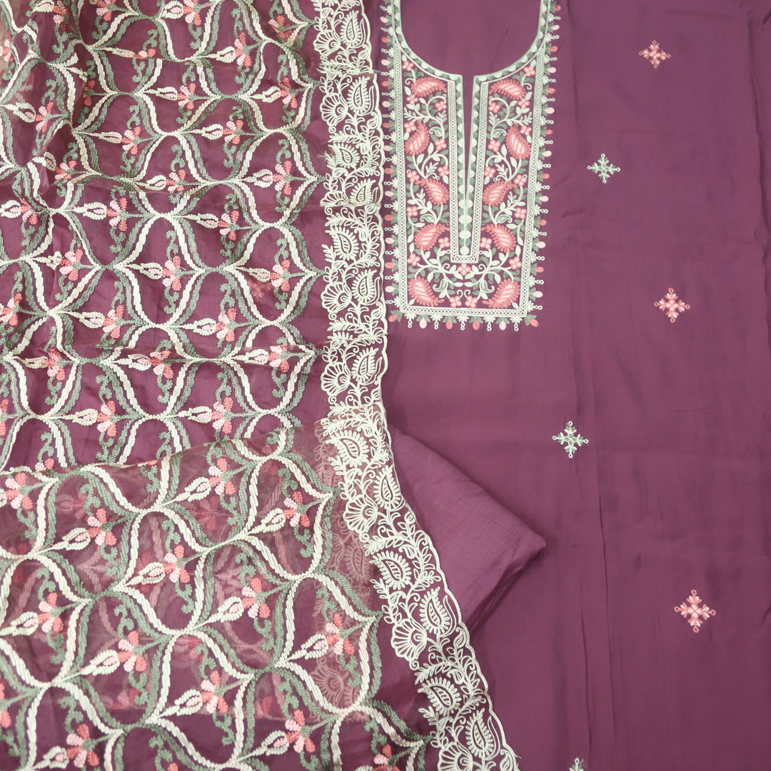 Adaakari Dark Mauve with Kashida Thread Neck Work Modal Suit Set