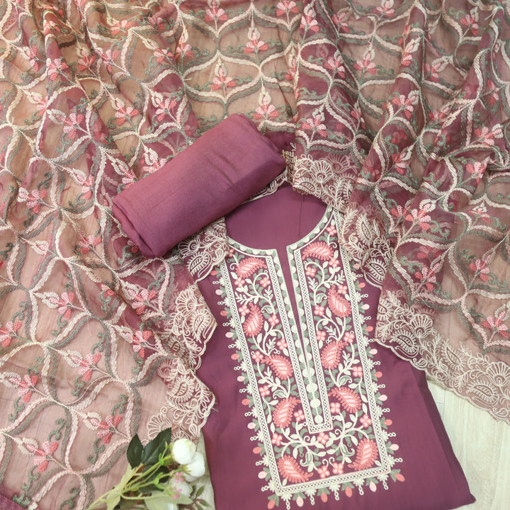Adaakari Dark Mauve with Kashida Thread Neck Work Modal Suit Set