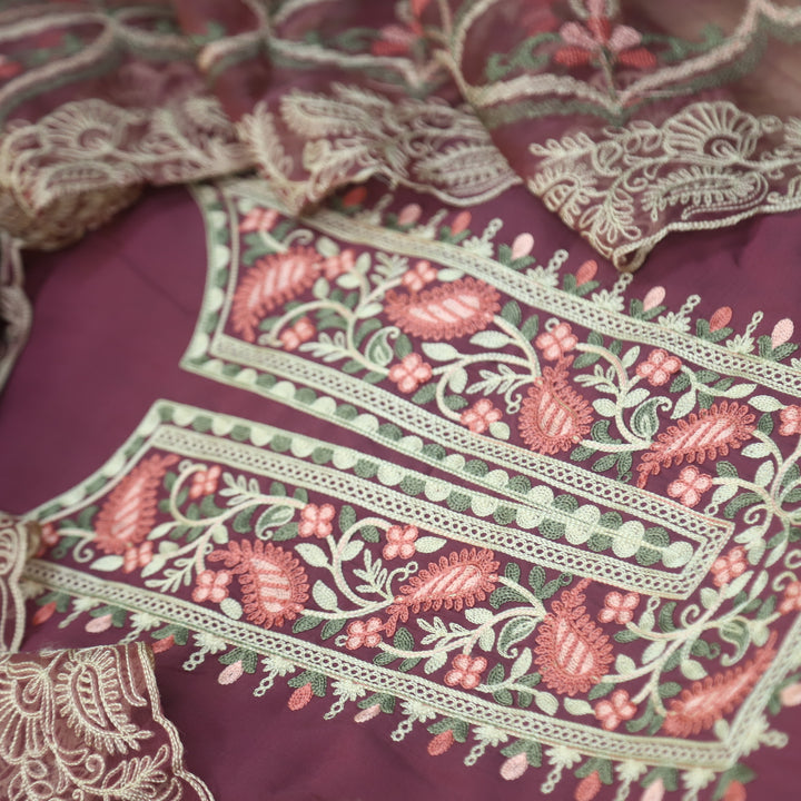 Adaakari Dark Mauve with Kashida Thread Neck Work Modal Suit Set