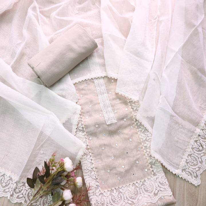 Paalki Sand Beige Mirror Neck with Lace Work Chanderi Suit Set