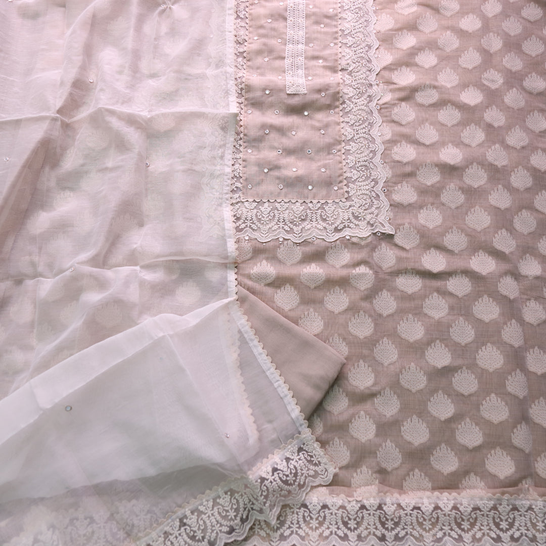 Paalki Sand Beige Mirror Neck with Lace Work Chanderi Suit Set