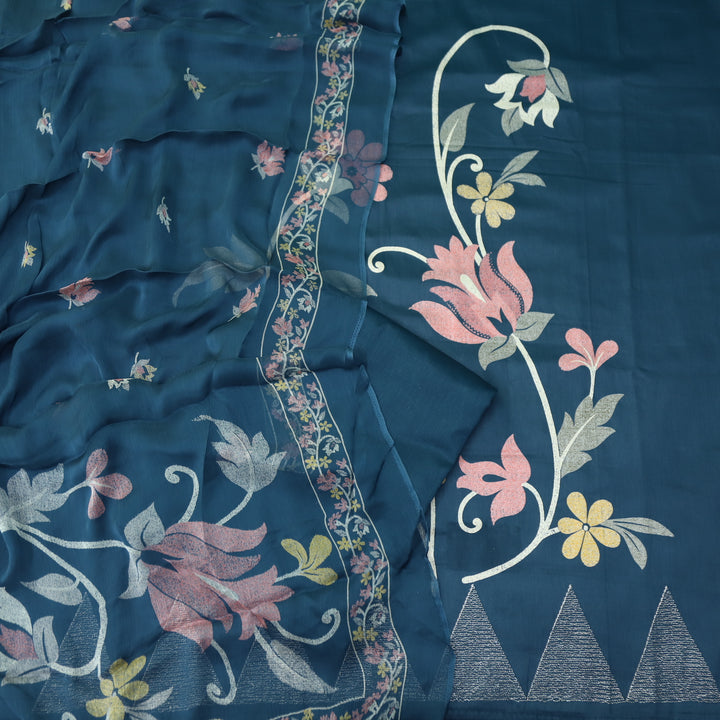 Khawab Navy Blue Floral Print Zari Work Jam Cotton Suit Set
