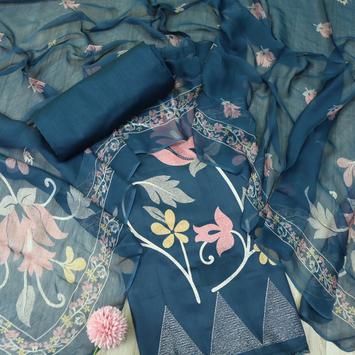 Khawab Navy Blue Floral Print Zari Work Jam Cotton Suit Set