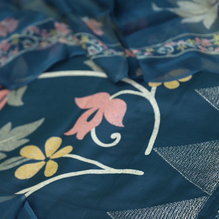 Khawab Navy Blue Floral Print Zari Work Jam Cotton Suit Set