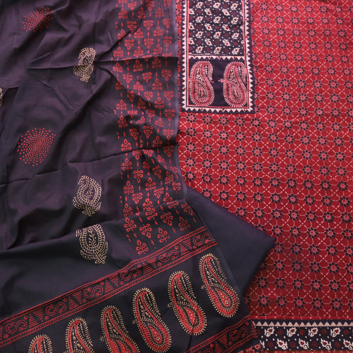 Khairiyat Berry Red Kutch Neck Inspired Neck Work Cotton Suit Set D2