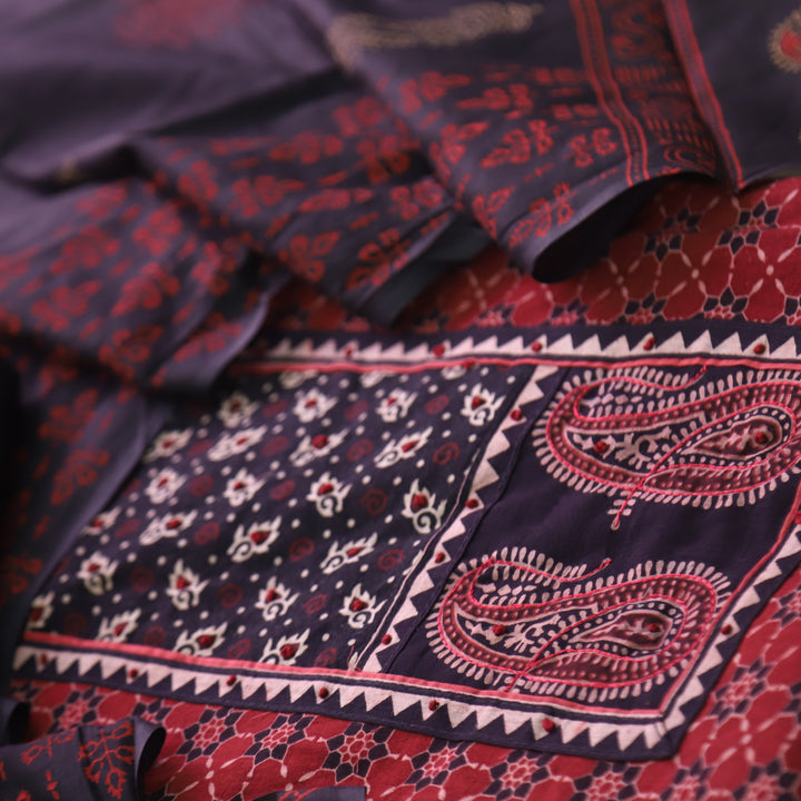 Khairiyat Berry Red Kutch Neck Inspired Neck Work Cotton Suit Set D2