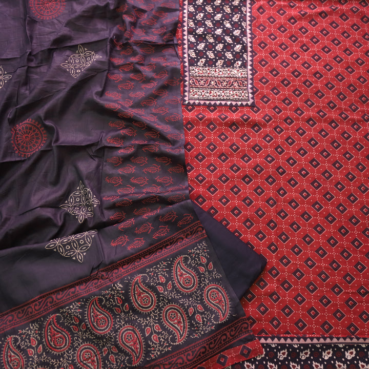 Khairiyat Berry Red Kutch Neck Inspired Neck Work Cotton Suit Set