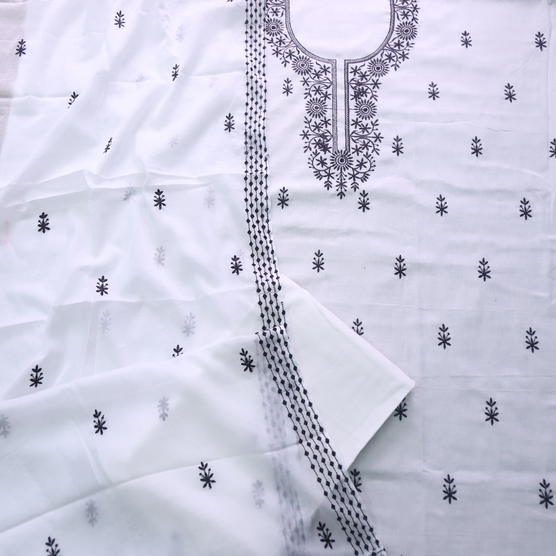 Paalki White with Black Thread Embroidery Neck Work Cotton Suit Set