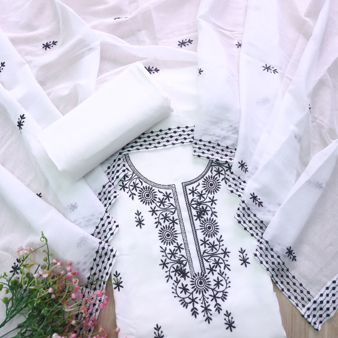 Paalki White with Black Thread Embroidery Neck Work Cotton Suit Set