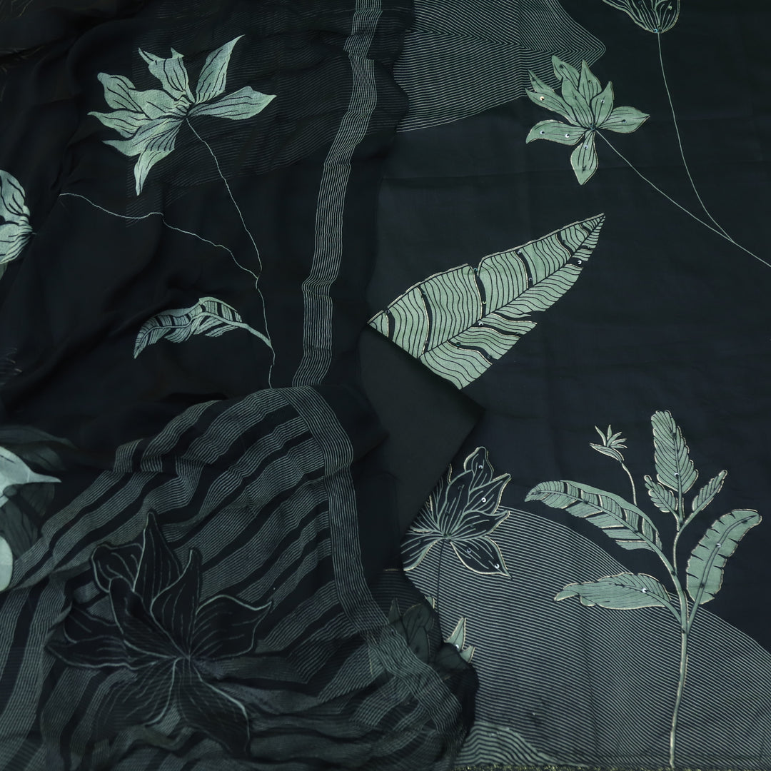 Khawab Midnight Black Floral Print Zari Work Jam Cotton Suit Set
