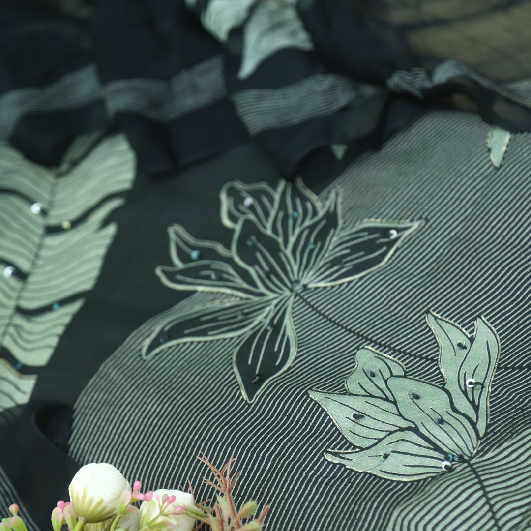 Khawab Midnight Black Floral Print Zari Work Jam Cotton Suit Set