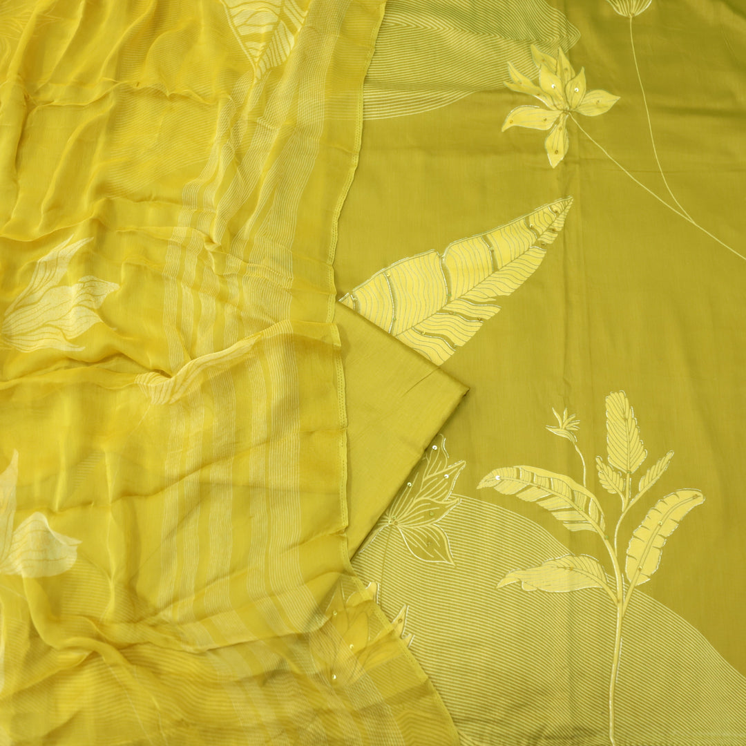Khawab Sunflower Yellow Floral Print Zari Work Jam Cotton Suit Set