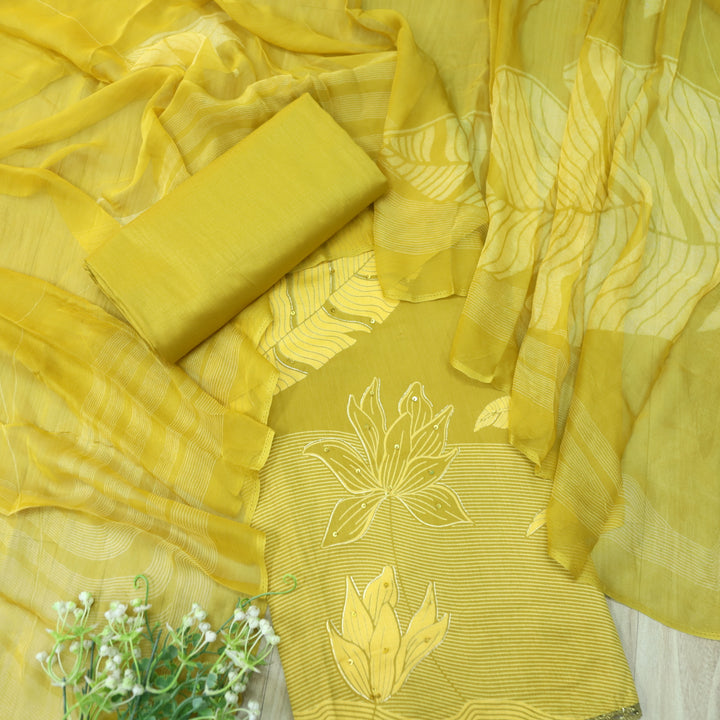 Khawab Sunflower Yellow Floral Print Zari Work Jam Cotton Suit Set