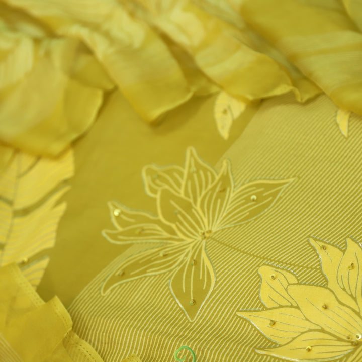 Khawab Sunflower Yellow Floral Print Zari Work Jam Cotton Suit Set