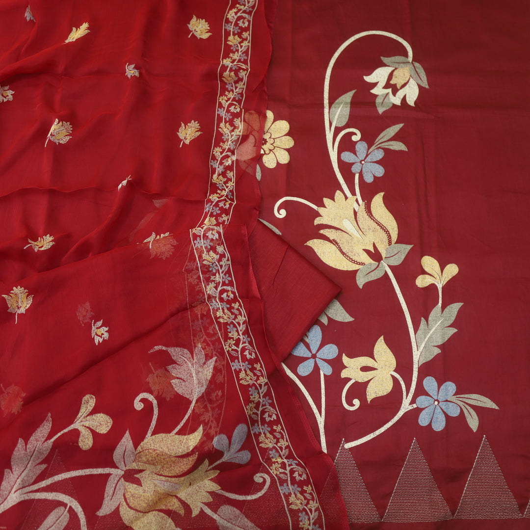 Khawab Bride Red Floral Print Zari Work Jam Cotton Suit Set