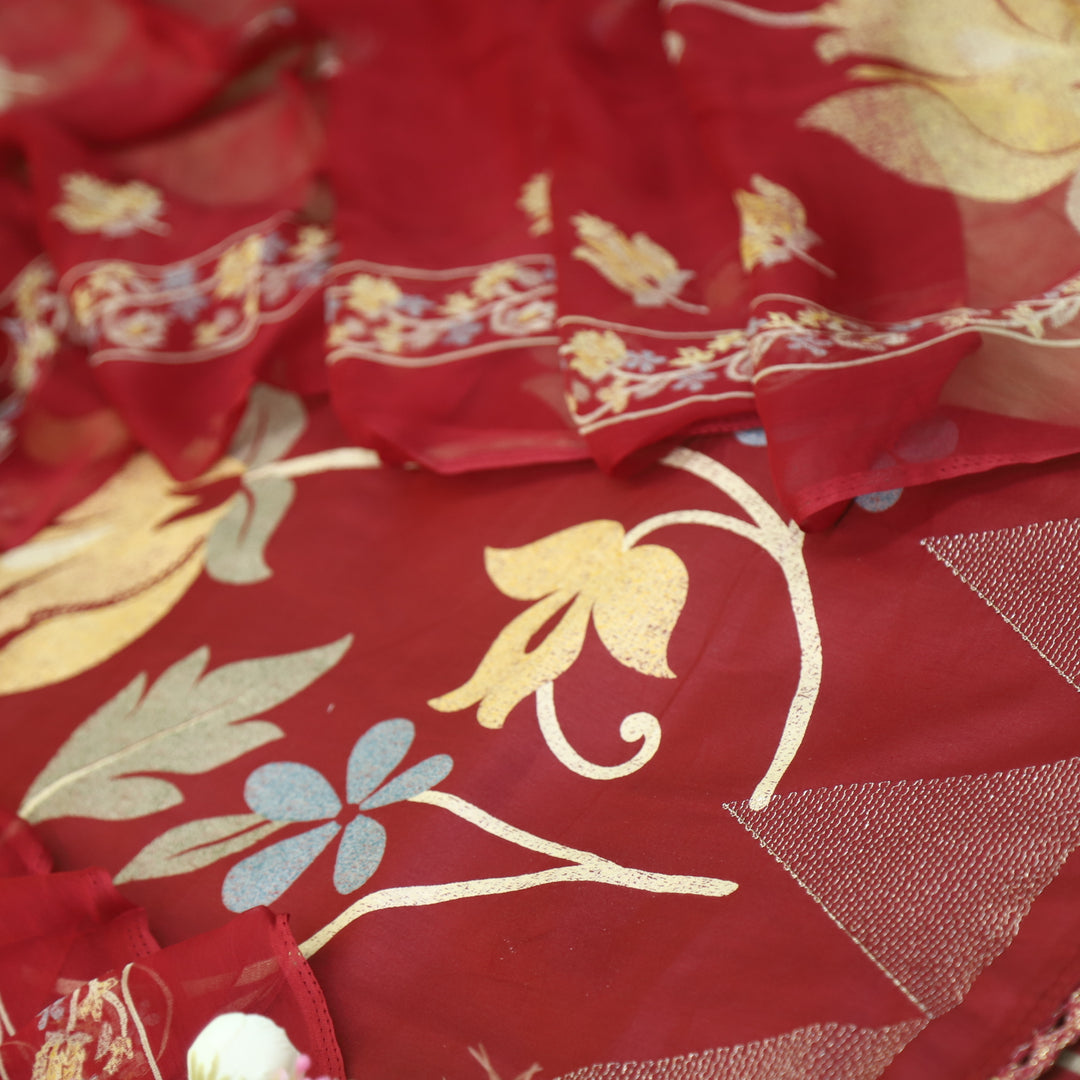 Khawab Bride Red Floral Print Zari Work Jam Cotton Suit Set