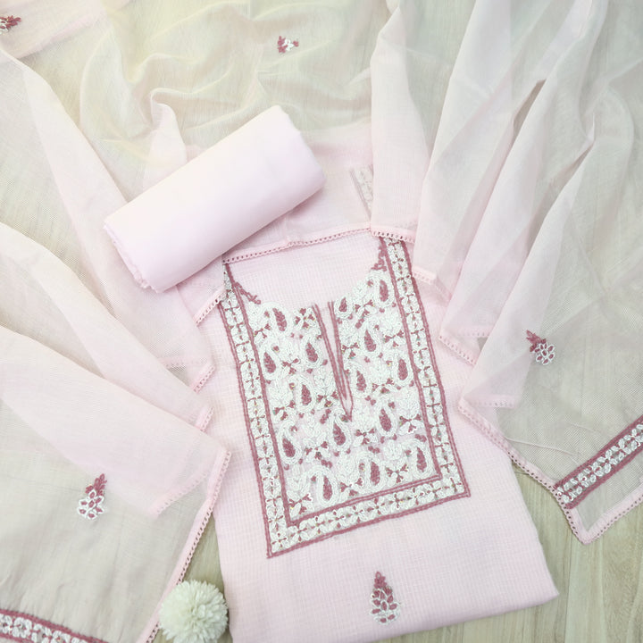 Gulbahar Baby Pink All Over Thread Neck Work Kota Doriya Suit Set