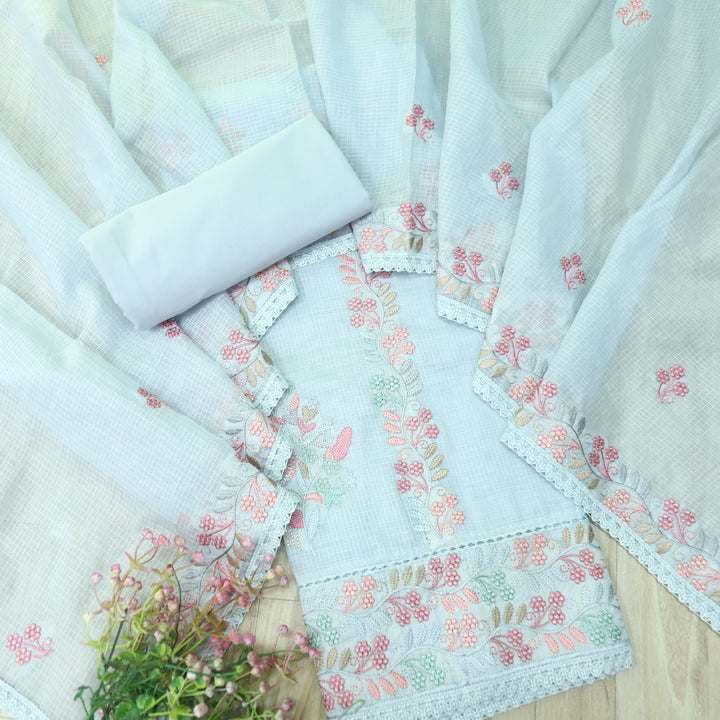 Gulbahar Fossil Grey All Over Thread Embriodered Kota Doriya Suit Set
