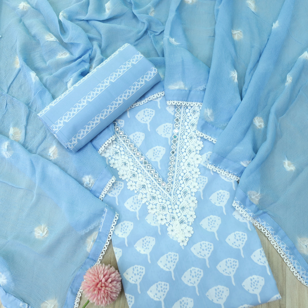 Bandegi Sky Blue Embellished V Neck Digital Printed Cotton Suit Set