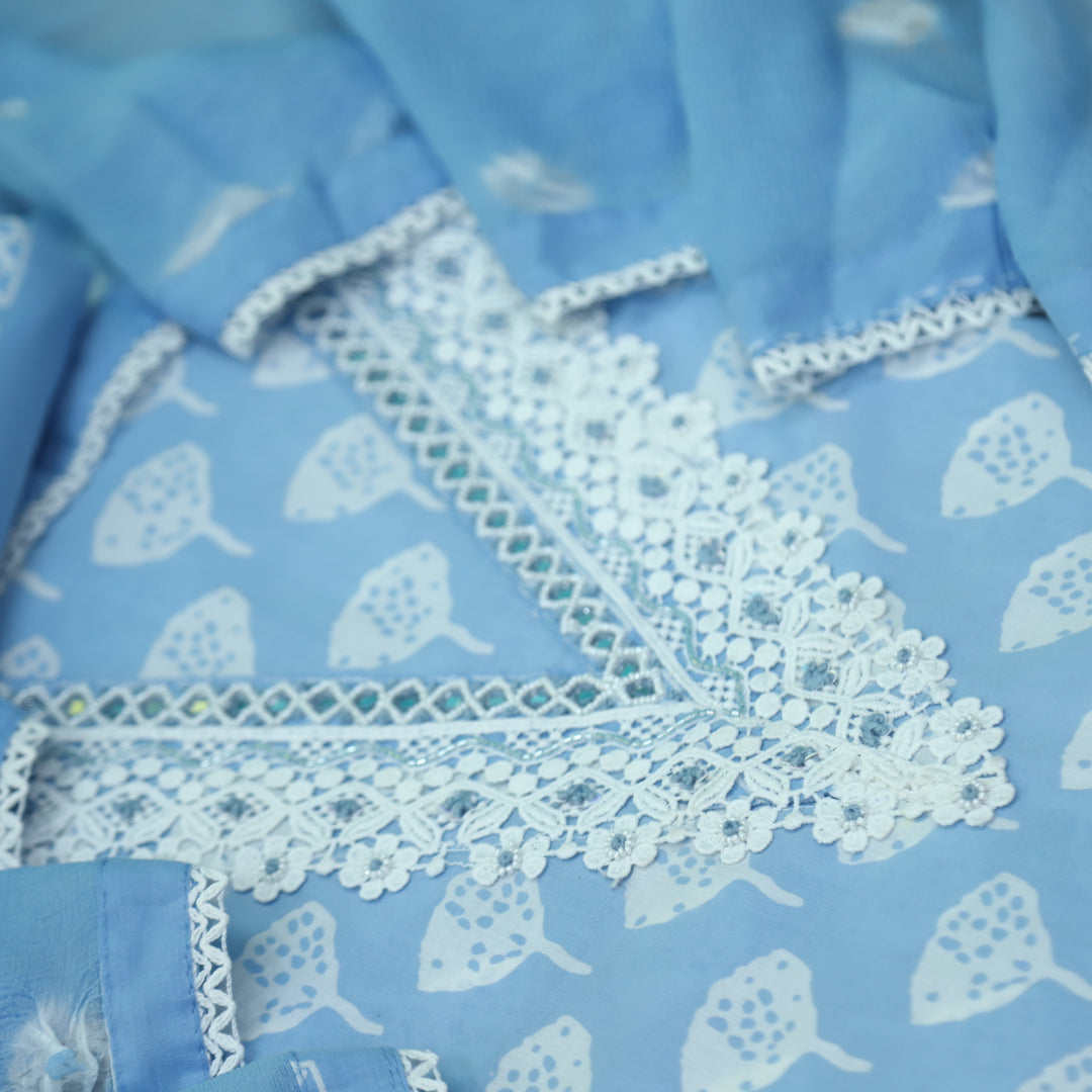 Bandegi Sky Blue Embellished V Neck Digital Printed Cotton Suit Set