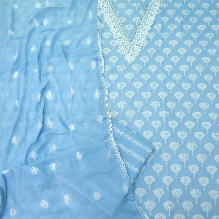Bandegi Sky Blue Embellished V Neck Digital Printed Cotton Suit Set