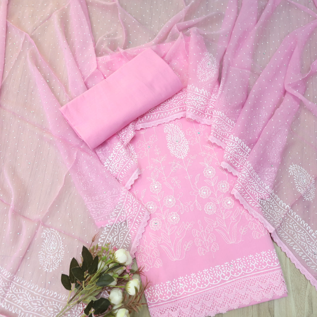 Ruaa Baby Pink Anchor Embellished with Mirror Work Cotton Suit Set