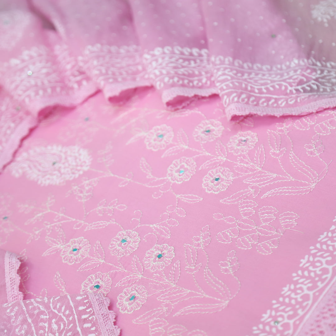Ruaa Baby Pink Anchor Embellished with Mirror Work Cotton Suit Set