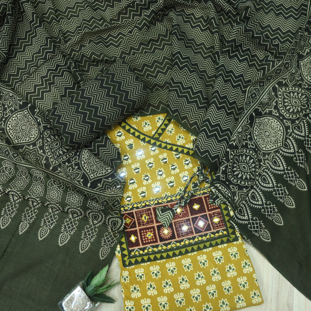 Aatish Dandelion Yellow Ajrak Print Angrakha Style Cotton Suit Set