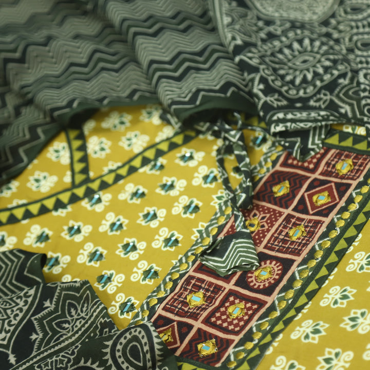 Aatish Dandelion Yellow Ajrak Print Angrakha Style Cotton Suit Set