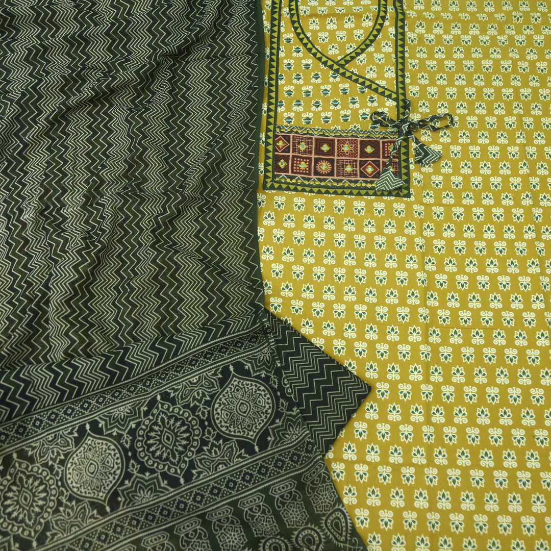 Aatish Dandelion Yellow Ajrak Print Angrakha Style Cotton Suit Set