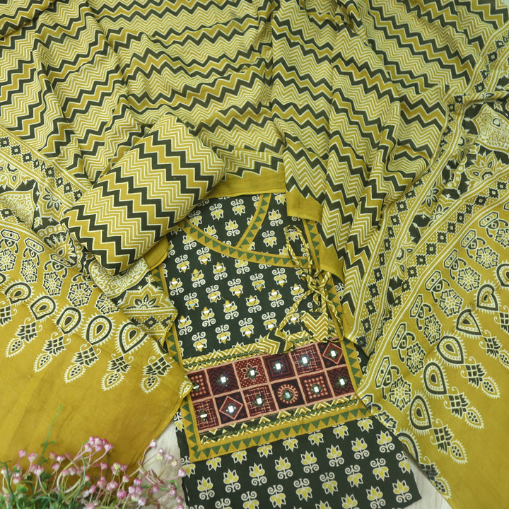 Aatish Mehendi Green Ajrak Print Angrakha Style Cotton Suit Set