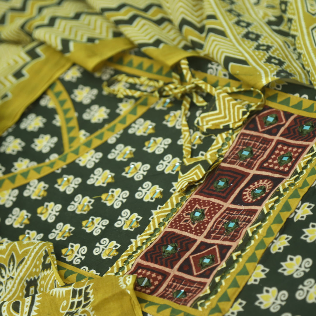 Aatish Mehendi Green Ajrak Print Angrakha Style Cotton Suit Set