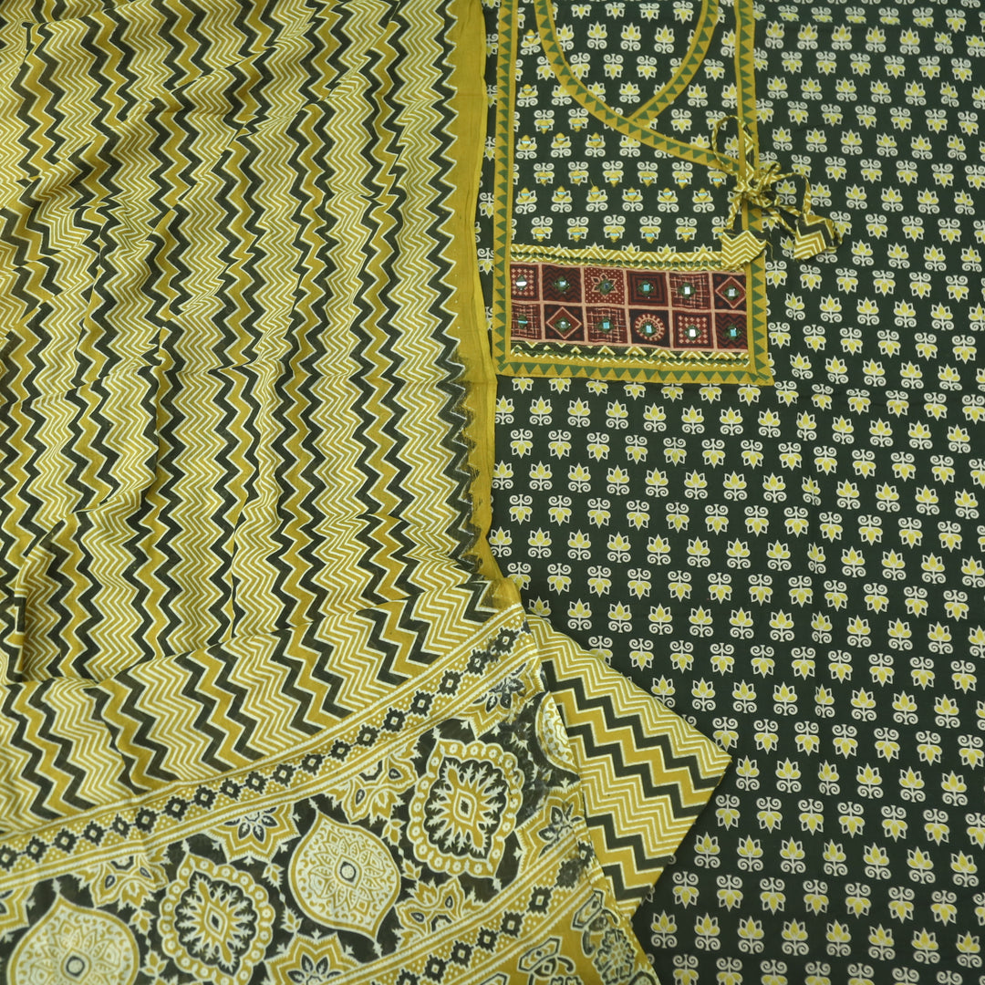 Aatish Mehendi Green Ajrak Print Angrakha Style Cotton Suit Set