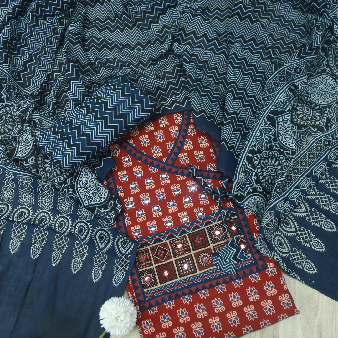 Aatish Carmine Red Ajrak Print Angrakha Style Cotton Suit Set